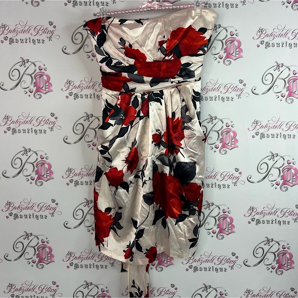 Mystic strapless dress shiny shimmer flowers - Red and Black Floral on Cream
